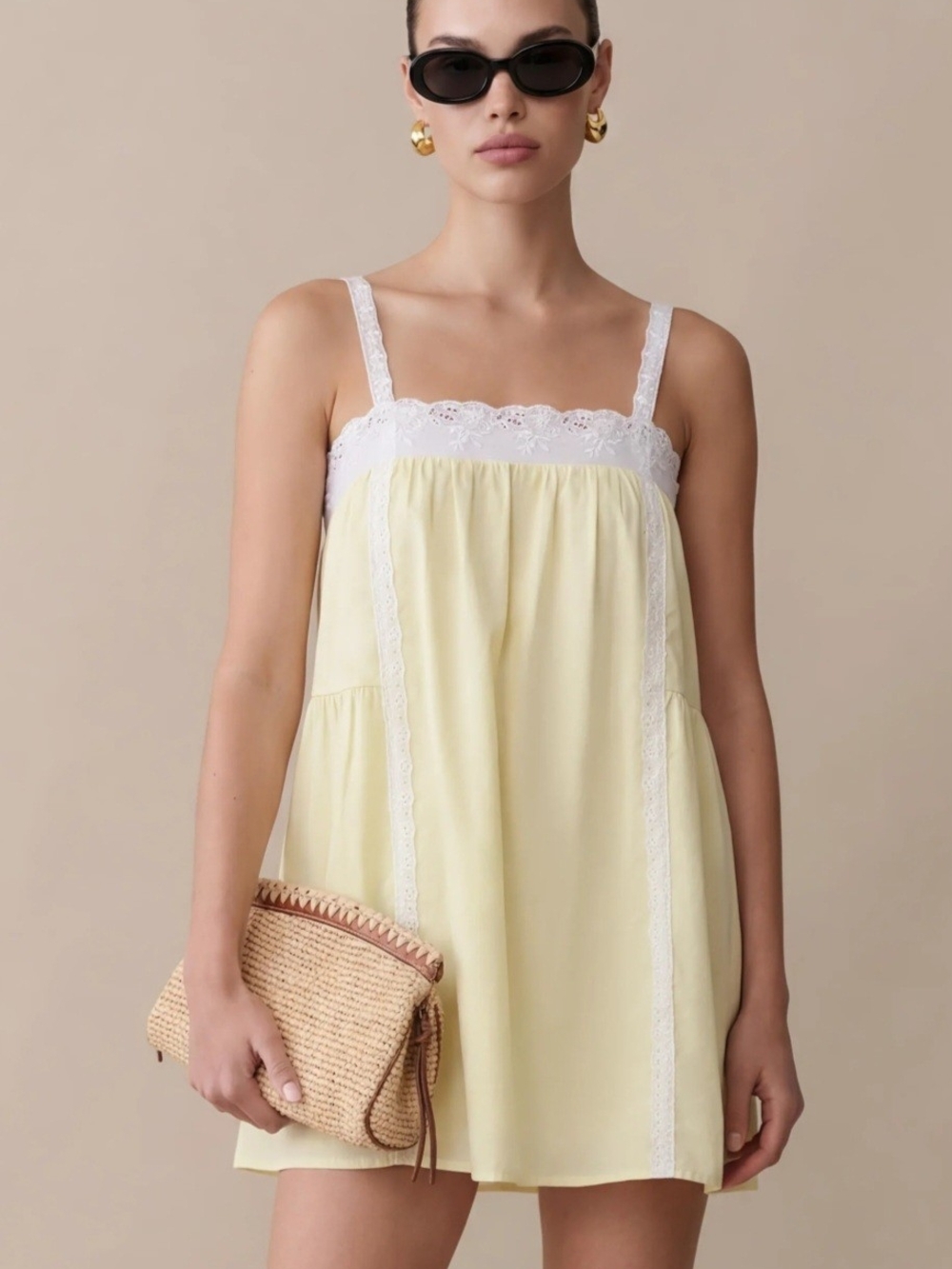 Kourt Light Yellow Lace-Trim Mini Dress
